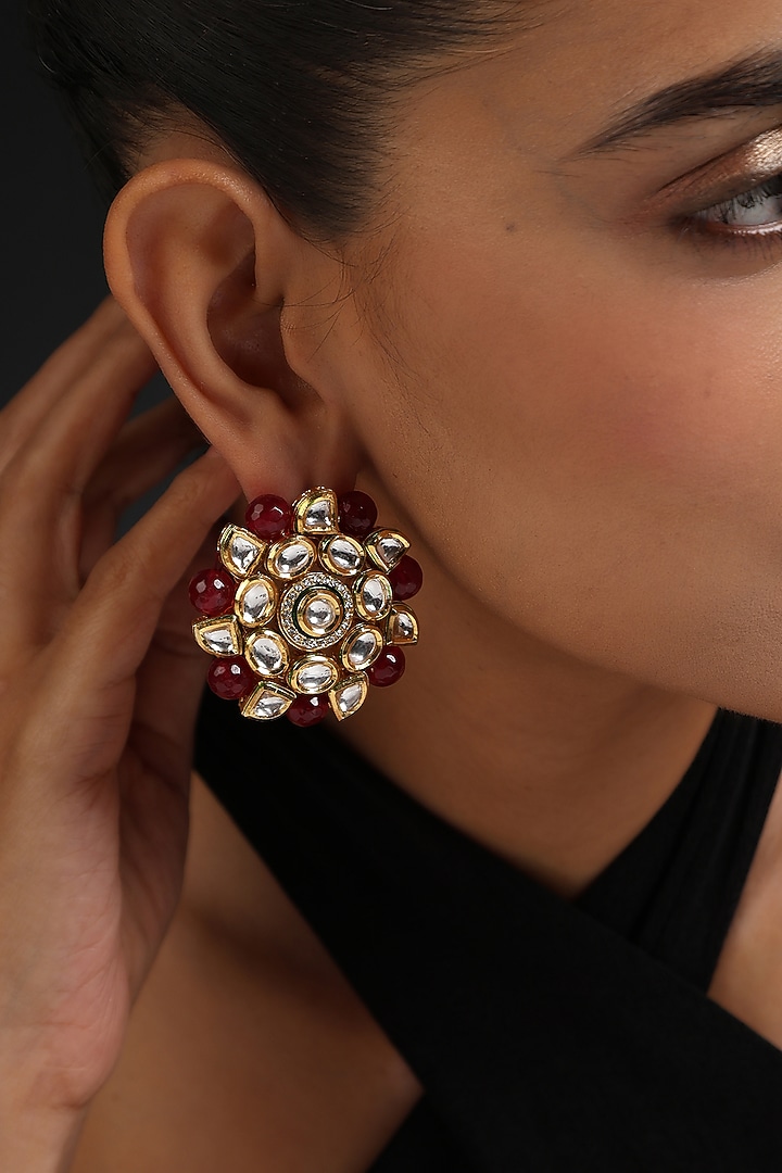 Gold Finish Red Kundan Polki Handcrafted Stud Earrings by Swabhimann Jewellery at Pernia's Pop Up Shop