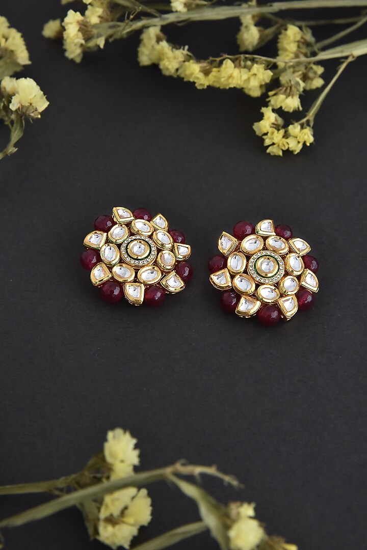 Gold Finish Red Kundan Polki Handcrafted Stud Earrings by Swabhimann Jewellery at Pernia's Pop Up Shop