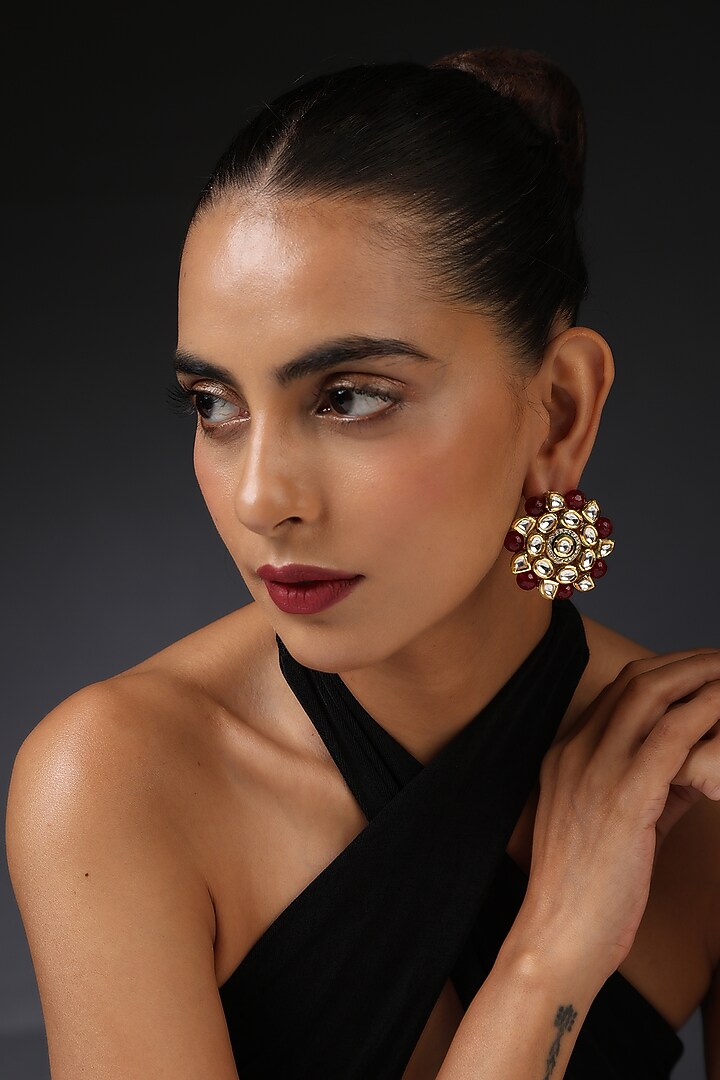 Gold Finish Red Kundan Polki Handcrafted Stud Earrings by Swabhimann Jewellery at Pernia's Pop Up Shop