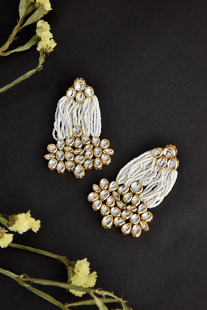 Gold Finish White Kundan Polki & Pearl Handcrafted Dangler Earrings by Swabhimann Jewellery at Pernia's Pop Up Shop