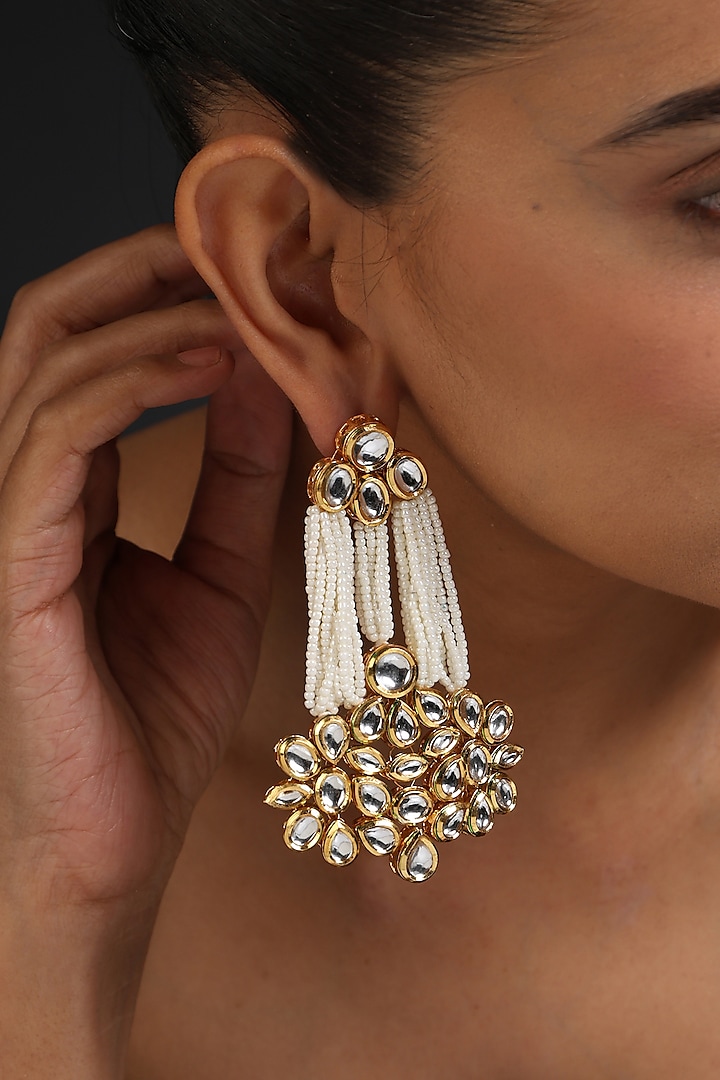Gold Finish White Kundan Polki & Pearl Handcrafted Dangler Earrings by Swabhimann Jewellery at Pernia's Pop Up Shop
