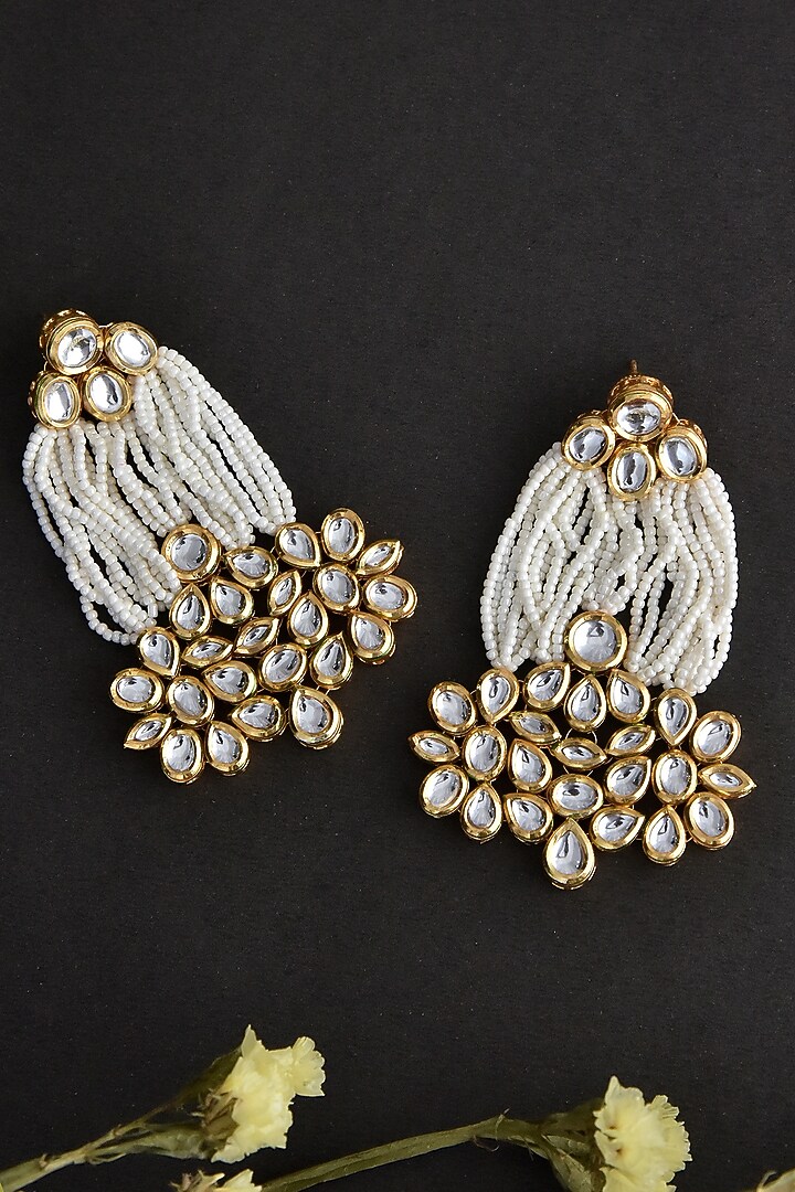 Gold Finish White Kundan Polki & Pearl Handcrafted Dangler Earrings by Swabhimann Jewellery at Pernia's Pop Up Shop