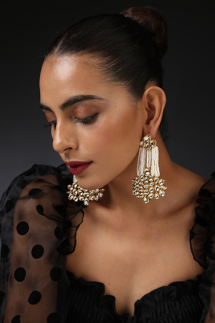 Gold Finish White Kundan Polki & Pearl Handcrafted Dangler Earrings by Swabhimann Jewellery at Pernia's Pop Up Shop