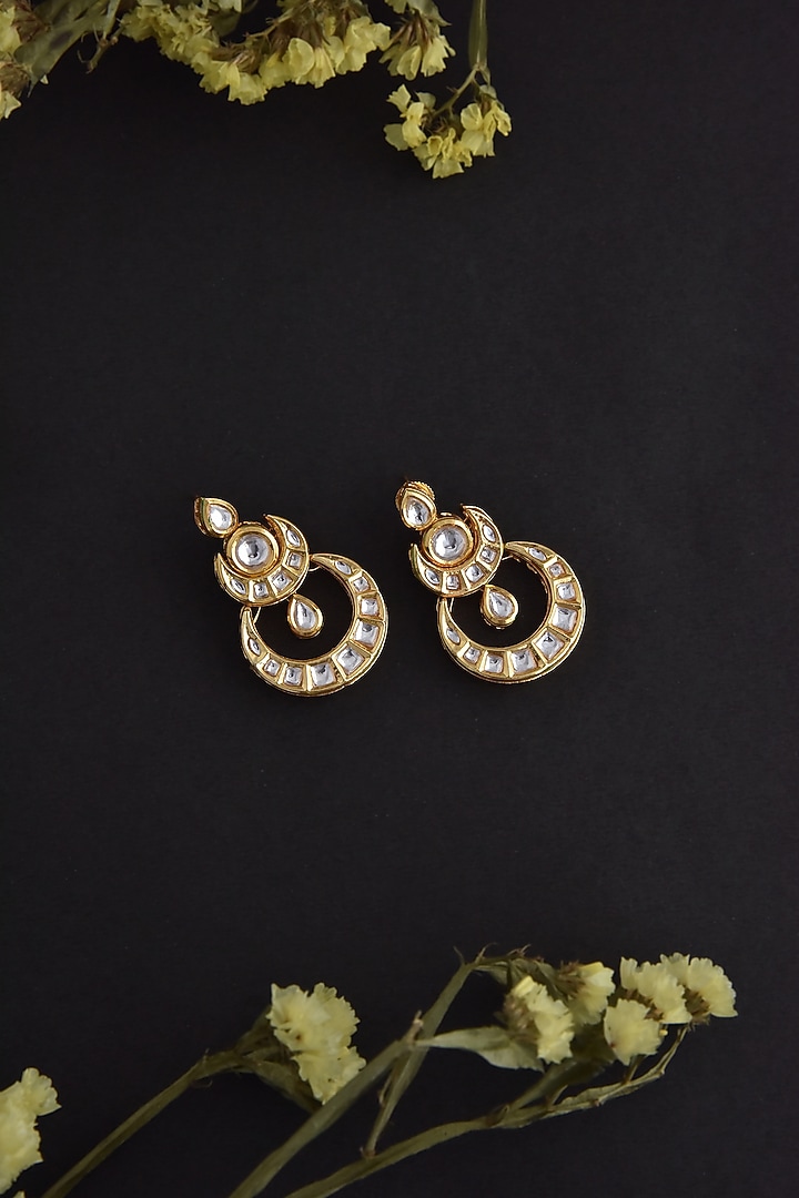 Gold Finish Kundan Polki Handcrafted Chandbali Earrings by Swabhimann Jewellery at Pernia's Pop Up Shop