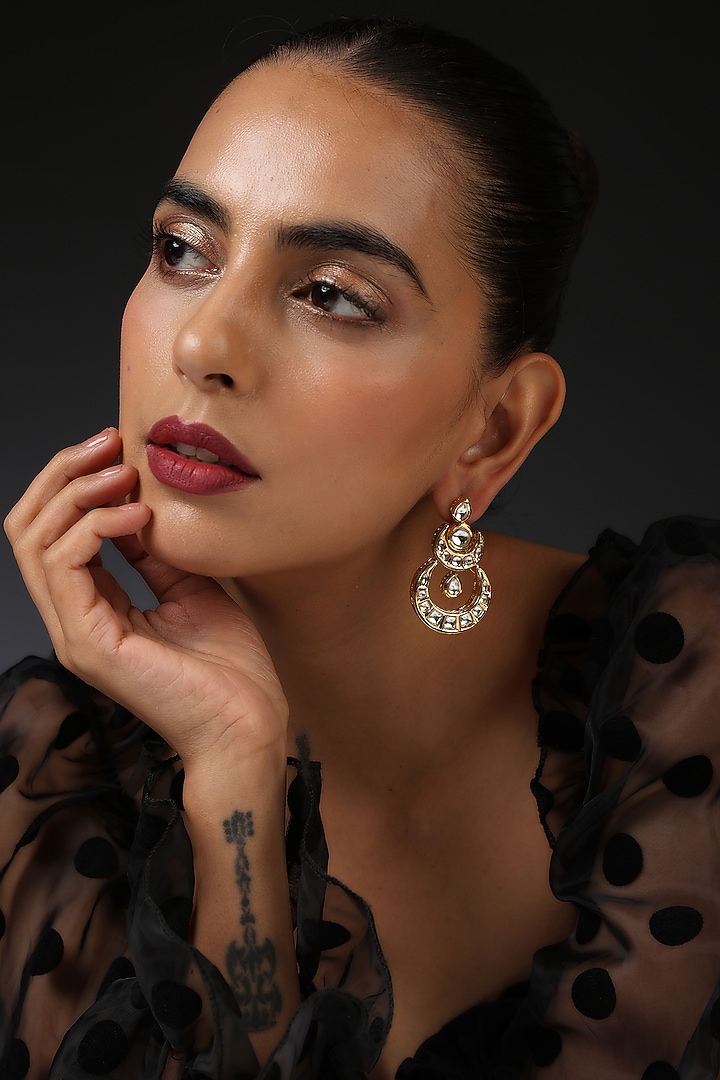 Gold Finish Kundan Polki Handcrafted Chandbali Earrings by Swabhimann Jewellery at Pernia's Pop Up Shop