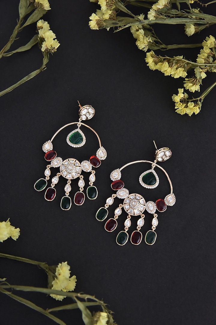 Rose Gold Finish Red & Green Kundan Polki Handcrafted Dangler Earrings by Swabhimann Jewellery at Pernia's Pop Up Shop