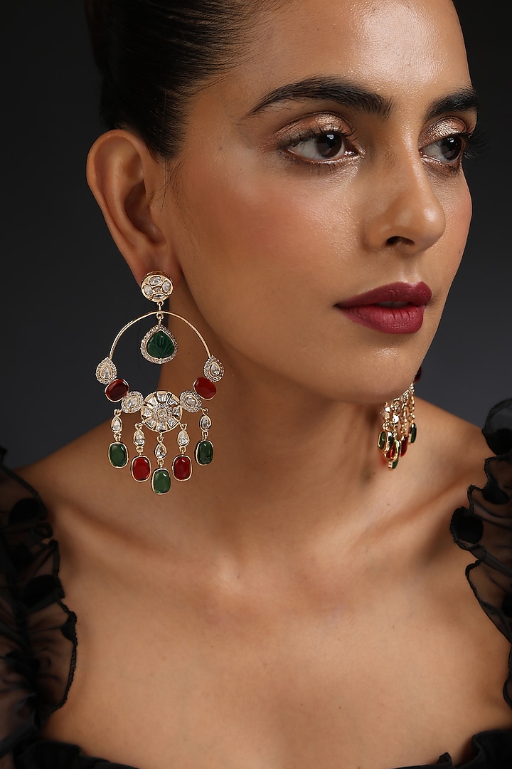 Rose Gold Finish Red & Green Kundan Polki Handcrafted Dangler Earrings by Swabhimann Jewellery at Pernia's Pop Up Shop