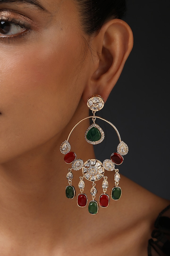 Rose Gold Finish Red & Green Kundan Polki Handcrafted Dangler Earrings by Swabhimann Jewellery at Pernia's Pop Up Shop
