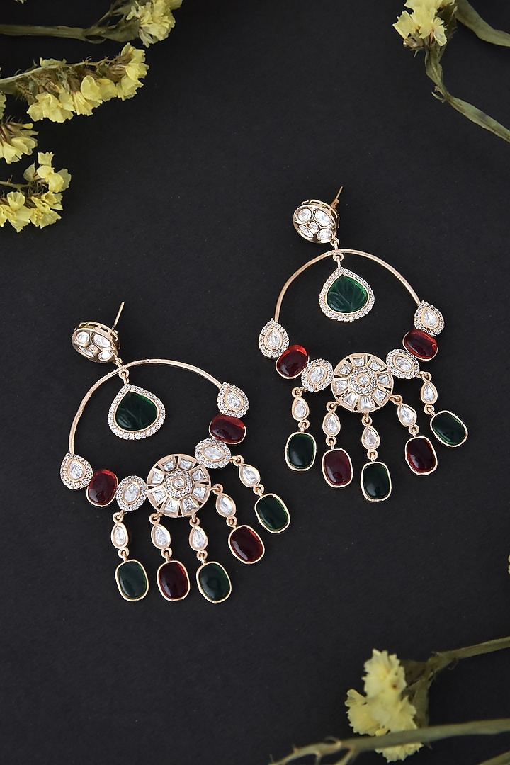 Rose Gold Finish Red & Green Kundan Polki Handcrafted Dangler Earrings by Swabhimann Jewellery at Pernia's Pop Up Shop