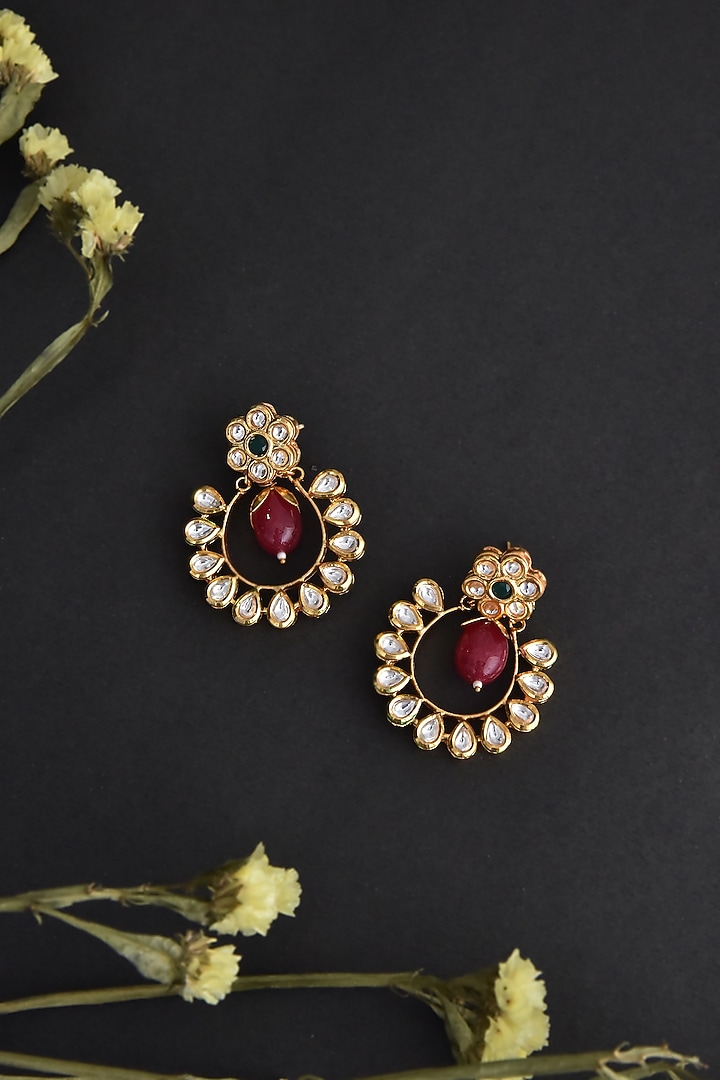 Gold Finish Kundan Polki Handcrafted Chandbali Earrings by Swabhimann Jewellery at Pernia's Pop Up Shop