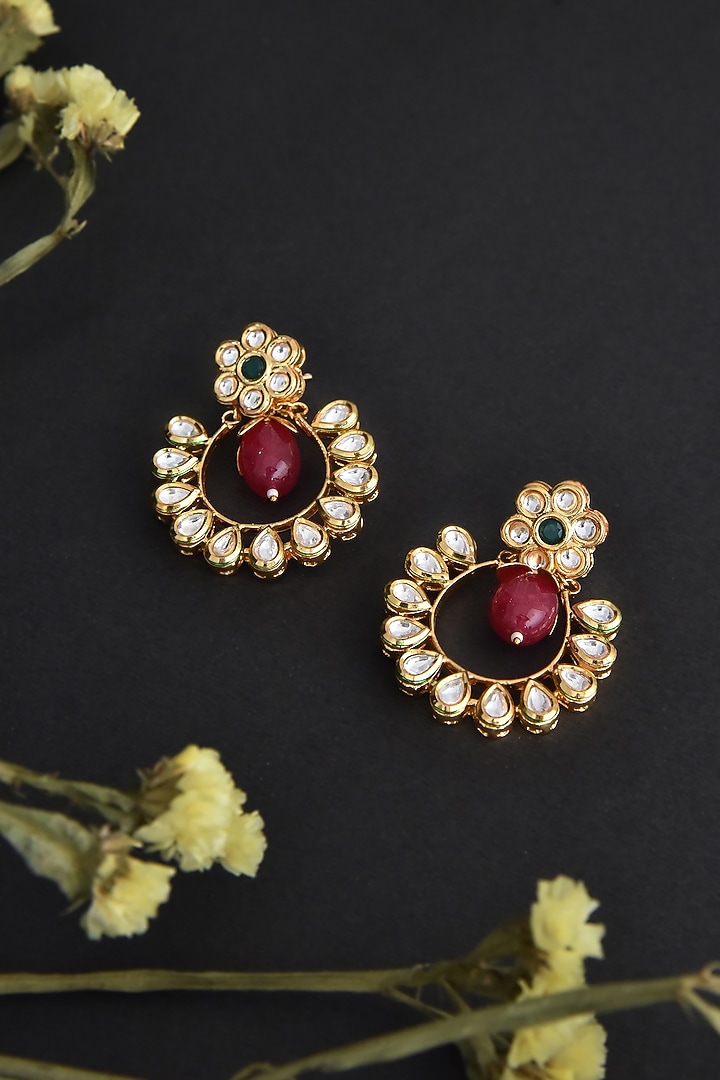 Gold Finish Kundan Polki Handcrafted Chandbali Earrings by Swabhimann Jewellery at Pernia's Pop Up Shop