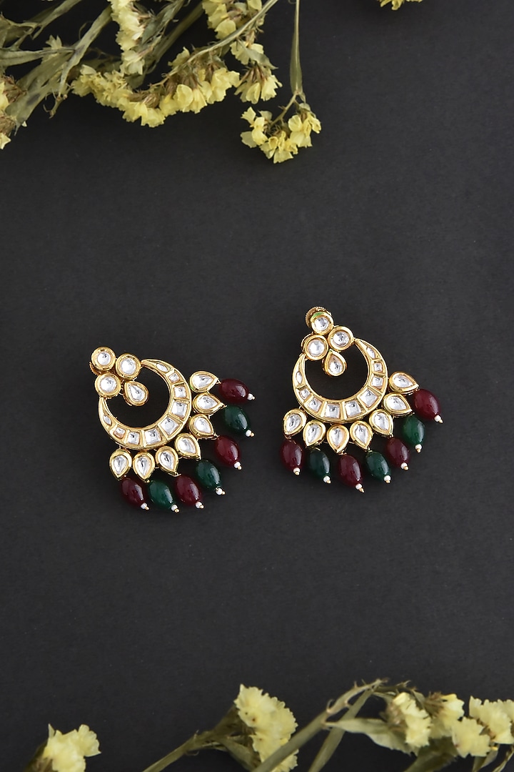 Gold Finish Kundan Polki Handcrafted Chandbali Earrings by Swabhimann Jewellery at Pernia's Pop Up Shop