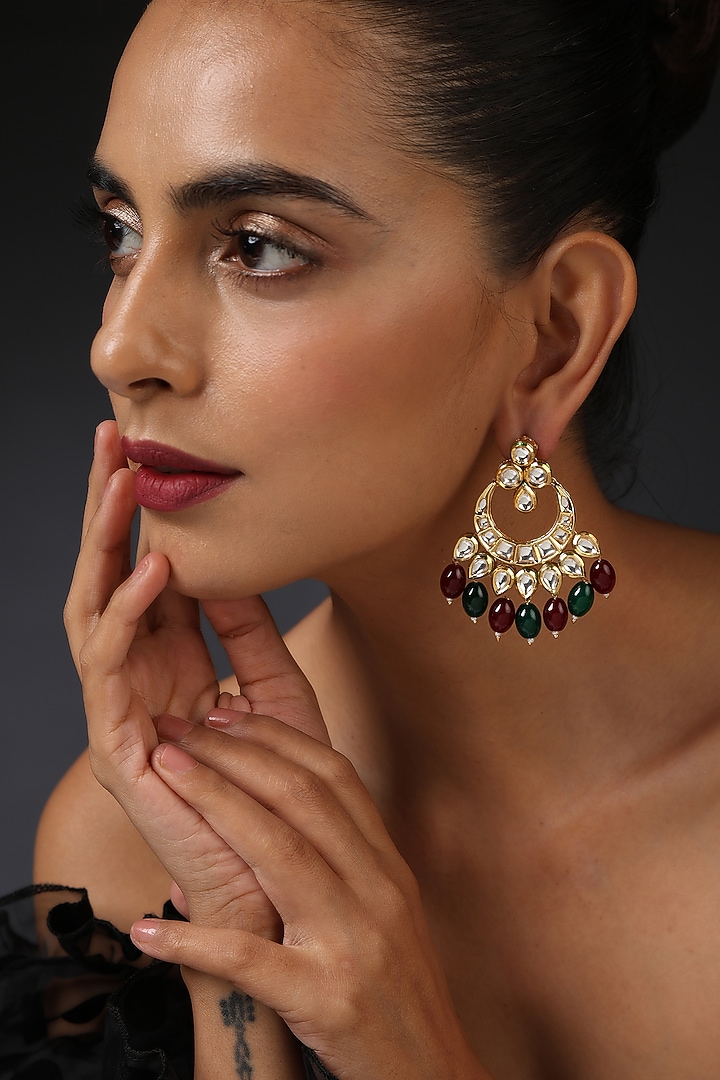 Gold Finish Kundan Polki Handcrafted Chandbali Earrings by Swabhimann Jewellery at Pernia's Pop Up Shop