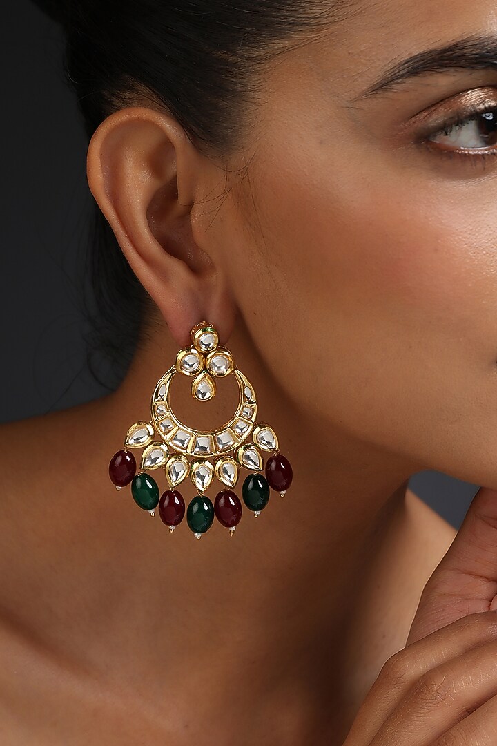 Gold Finish Kundan Polki Handcrafted Chandbali Earrings by Swabhimann Jewellery at Pernia's Pop Up Shop