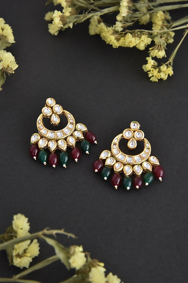 Gold Finish Kundan Polki Handcrafted Chandbali Earrings by Swabhimann Jewellery at Pernia's Pop Up Shop