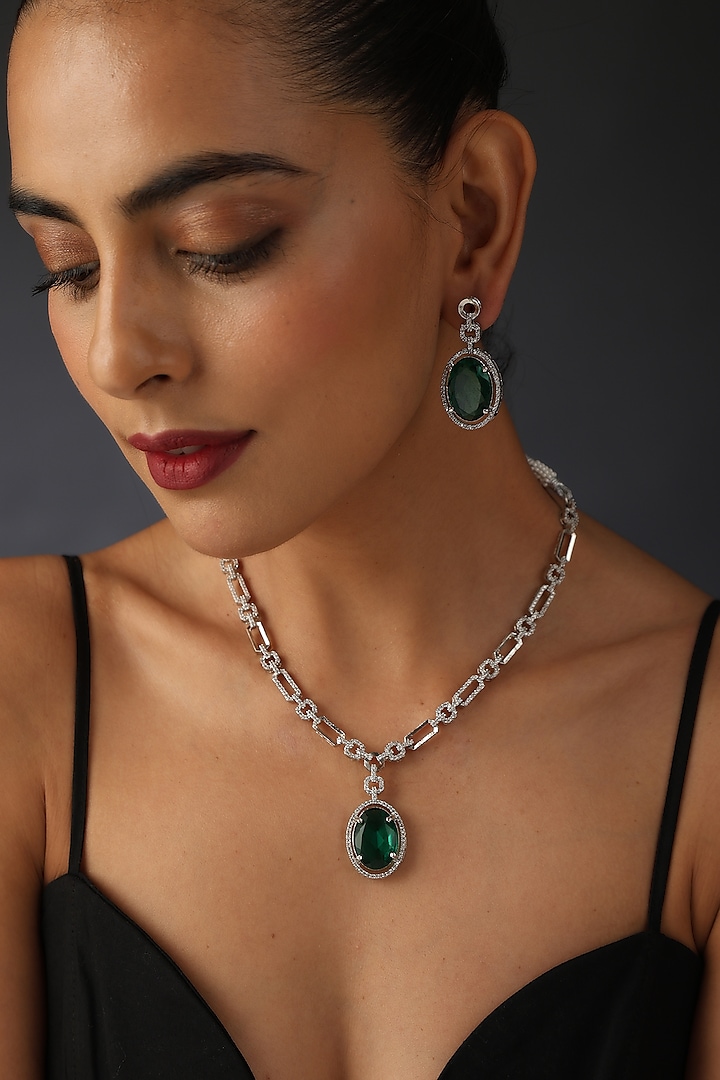 White Finish Emerald & Zircon Handcrafted Necklace Set by Swabhimann Jewellery