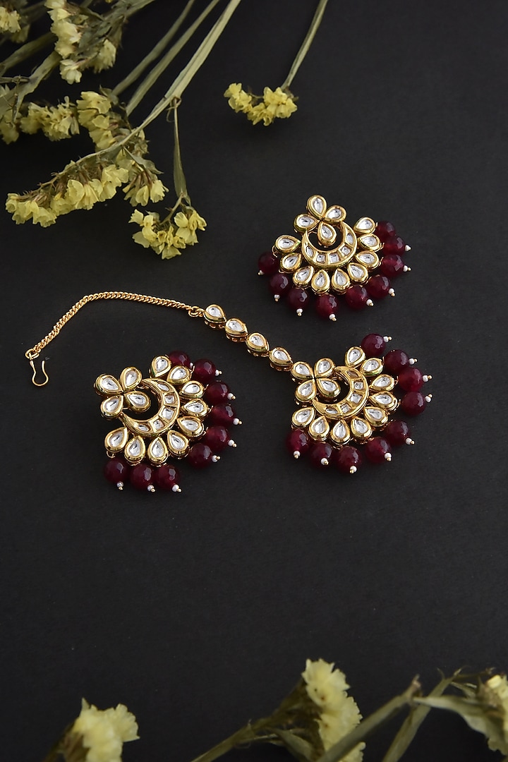 Gold Finish Red Kundan Polki Handcrafted Chandbali Earrings & Maangtikka by Swabhimann Jewellery at Pernia's Pop Up Shop
