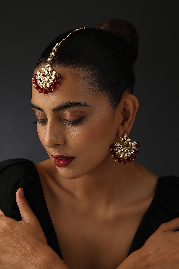 Gold Finish Red Kundan Polki Handcrafted Chandbali Earrings & Maangtikka by Swabhimann Jewellery at Pernia's Pop Up Shop