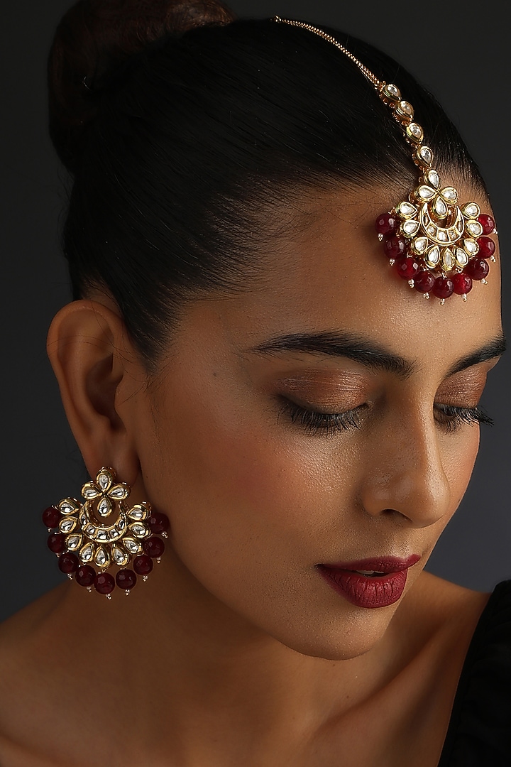 Gold Finish Red Kundan Polki Handcrafted Chandbali Earrings & Maangtikka by Swabhimann Jewellery at Pernia's Pop Up Shop