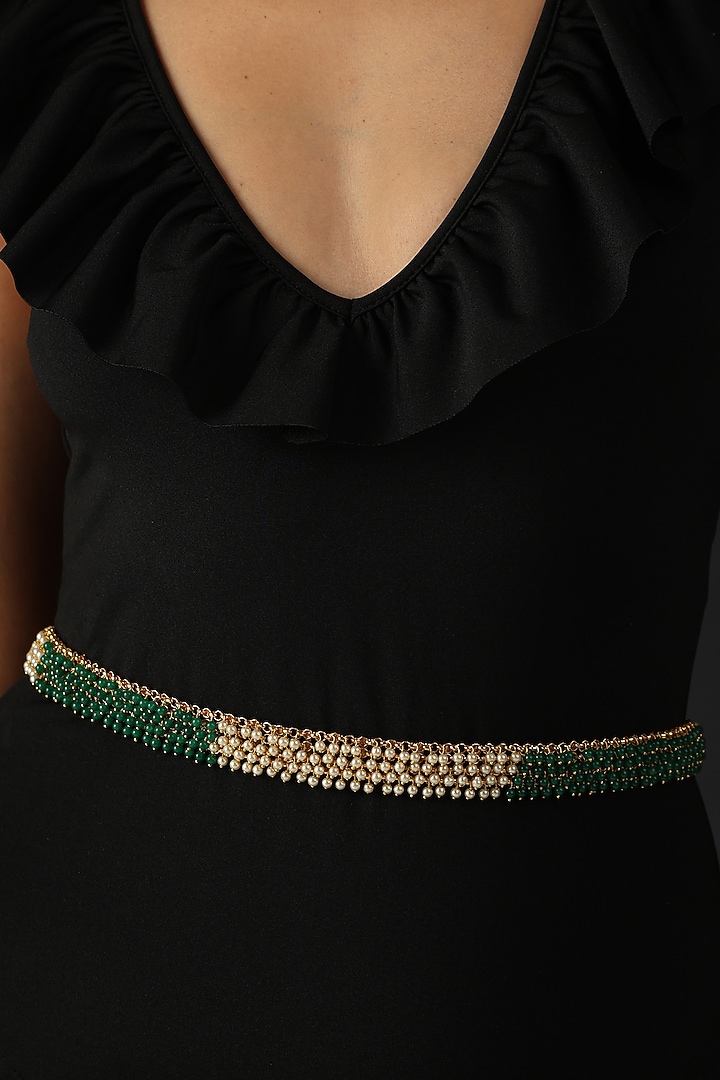 Gold Finish Green & White Handcrafted Waist Belt by Swabhimann Jewellery at Pernia's Pop Up Shop