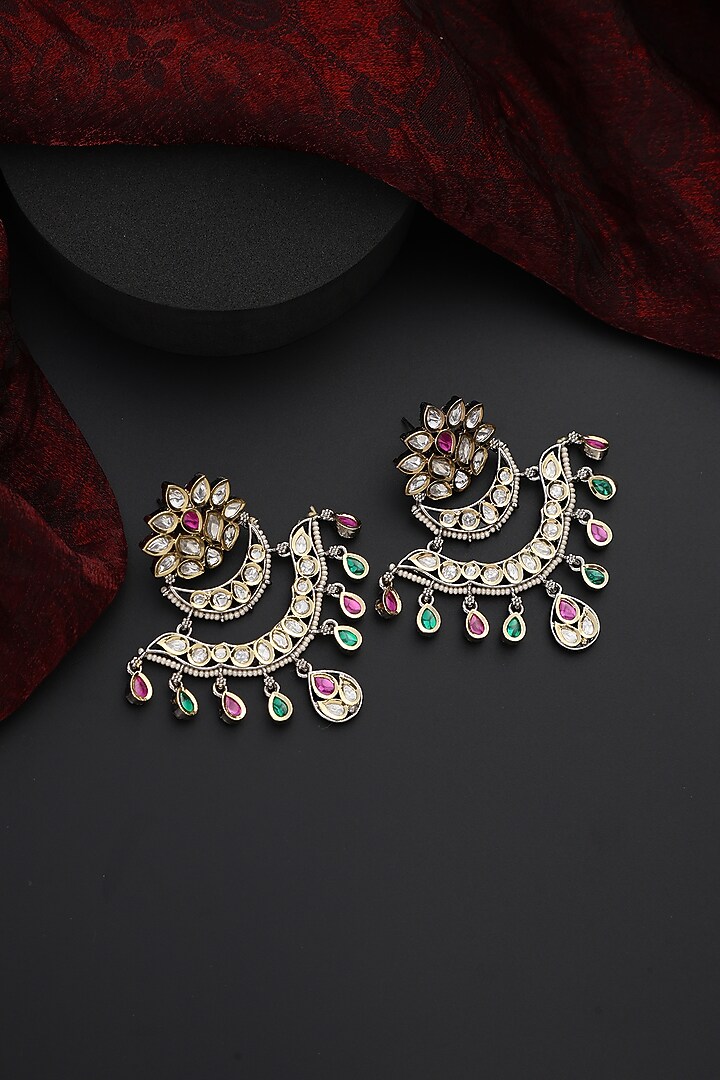 White Finish Multi-Colored Kundan Polki Chandbali Earrings by Swabhimann Jewellery at Pernia's Pop Up Shop