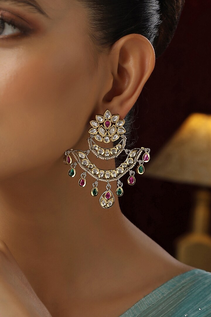 White Finish Multi-Colored Kundan Polki Chandbali Earrings by Swabhimann Jewellery at Pernia's Pop Up Shop