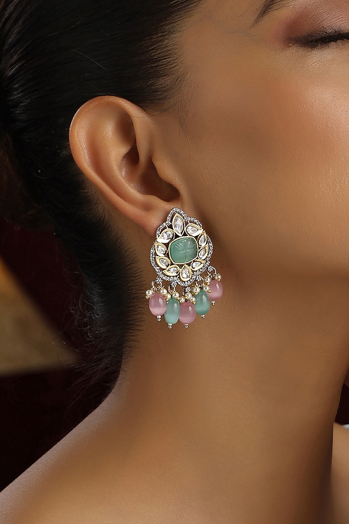 Gold Finish Multi-Colored Kundan Polki Dangler Earrings by Swabhimann Jewellery at Pernia's Pop Up Shop