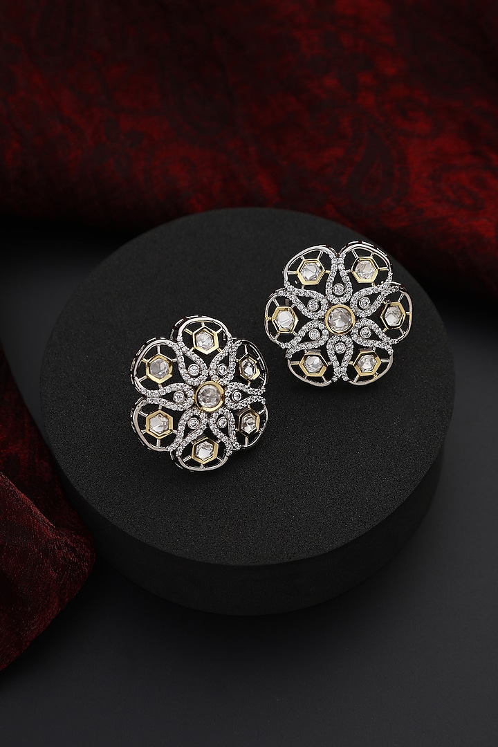 White Finish Silver Kundan Polki Stud Earrings by Swabhimann Jewellery at Pernia's Pop Up Shop