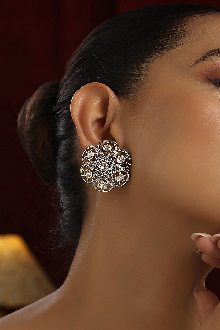 White Finish Silver Kundan Polki Stud Earrings by Swabhimann Jewellery at Pernia's Pop Up Shop