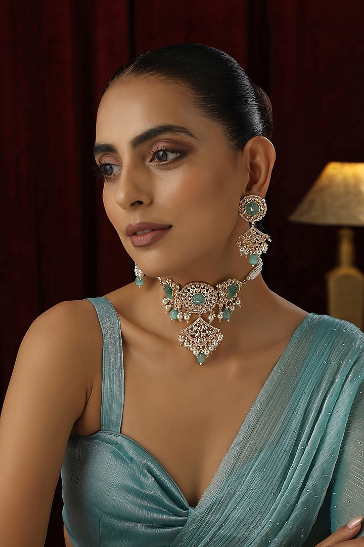 Rose Gold Finish Mint Kundan Polki Handmade Choker Necklace Set by Swabhimann Jewellery at Pernia's Pop Up Shop