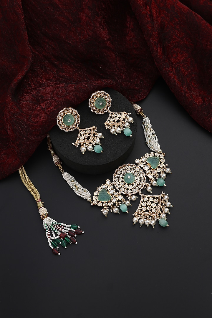 Rose Gold Finish Mint Kundan Polki Handmade Choker Necklace Set by Swabhimann Jewellery at Pernia's Pop Up Shop