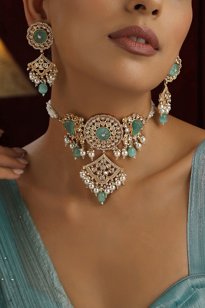 Rose Gold Finish Mint Kundan Polki Handmade Choker Necklace Set by Swabhimann Jewellery at Pernia's Pop Up Shop