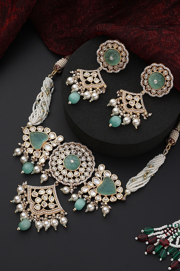 Rose Gold Finish Mint Kundan Polki Handmade Choker Necklace Set by Swabhimann Jewellery at Pernia's Pop Up Shop