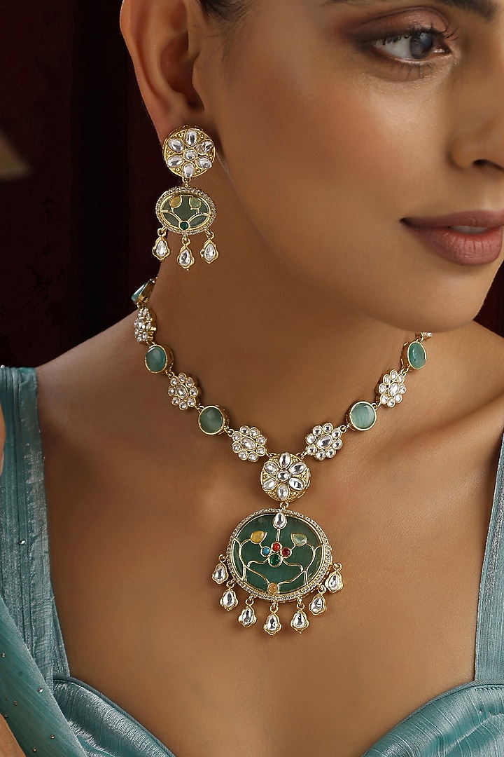 Gold Finish Mint Kundan Polki Handmade Pendant Necklace Set by Swabhimann Jewellery at Pernia's Pop Up Shop