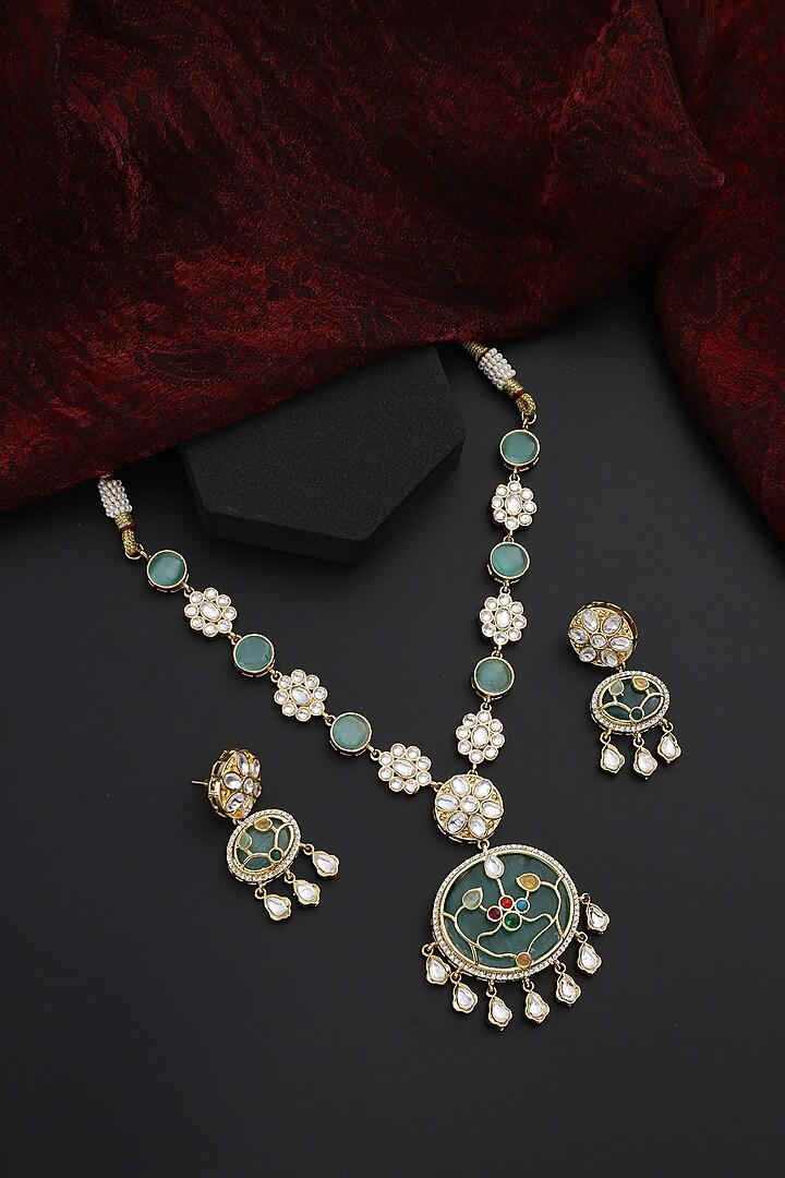 Gold Finish Mint Kundan Polki Handmade Pendant Necklace Set by Swabhimann Jewellery at Pernia's Pop Up Shop