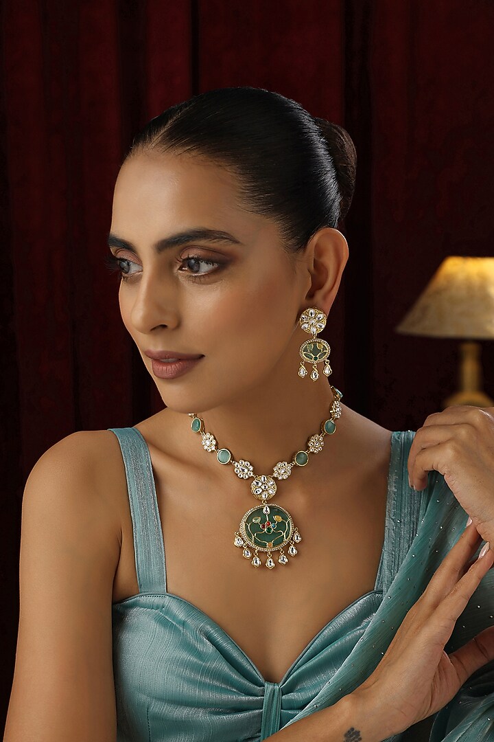 Gold Finish Mint Kundan Polki Handmade Pendant Necklace Set by Swabhimann Jewellery at Pernia's Pop Up Shop