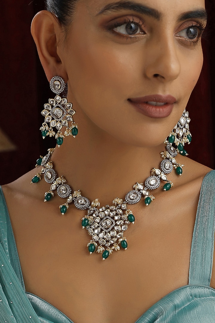 Gold Finish Green Kundan Polki Handmade Necklace Set by Swabhimann Jewellery at Pernia's Pop Up Shop