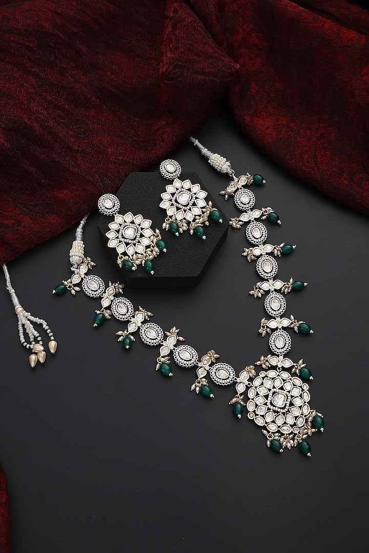 Gold Finish Green Kundan Polki Handmade Necklace Set by Swabhimann Jewellery at Pernia's Pop Up Shop