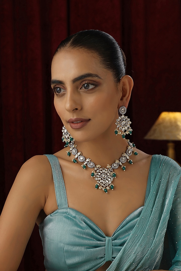 Gold Finish Green Kundan Polki Handmade Necklace Set by Swabhimann Jewellery at Pernia's Pop Up Shop