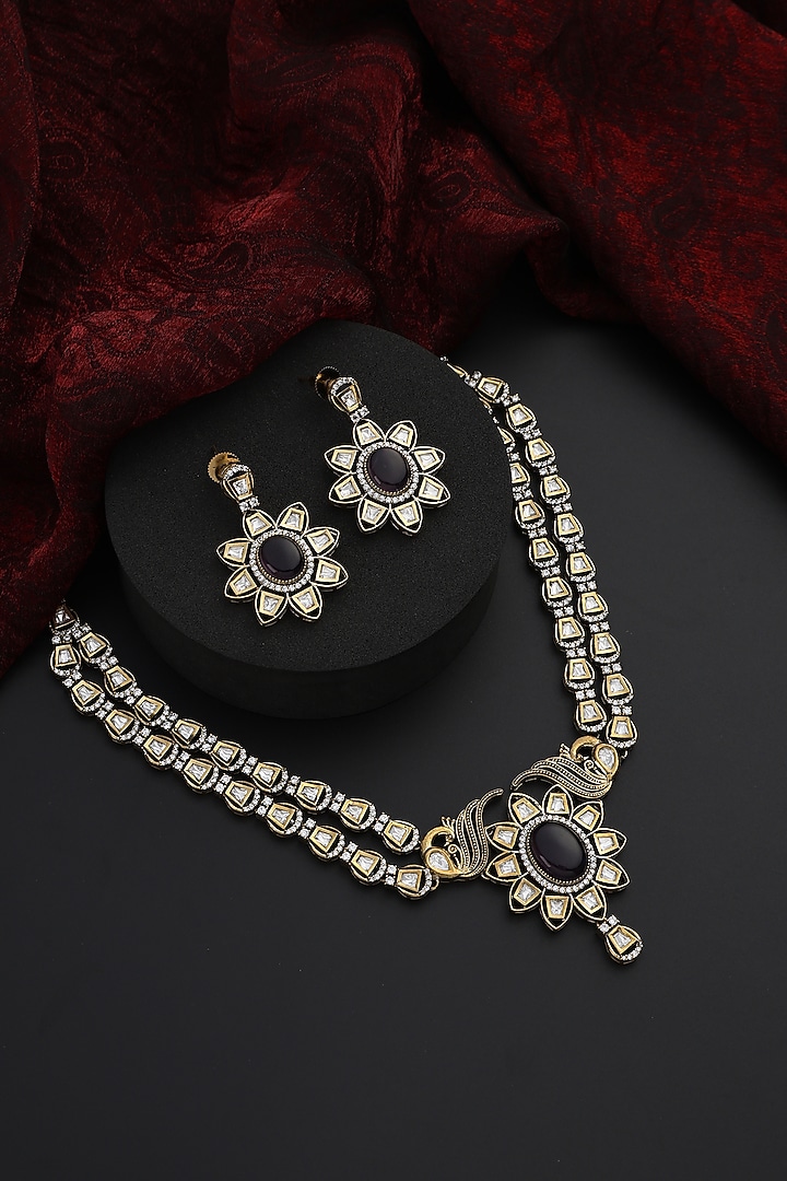 Gold Finish Purple Kundan Polki Handmade Layered Necklace Set by Swabhimann Jewellery at Pernia's Pop Up Shop