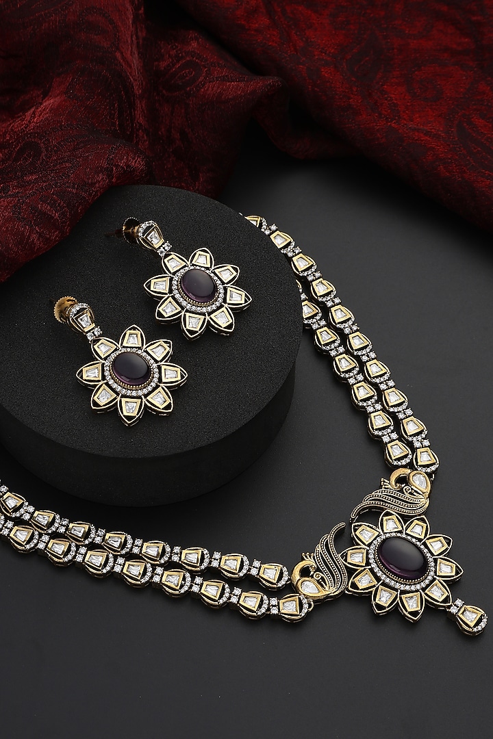 Gold Finish Purple Kundan Polki Handmade Layered Necklace Set by Swabhimann Jewellery at Pernia's Pop Up Shop