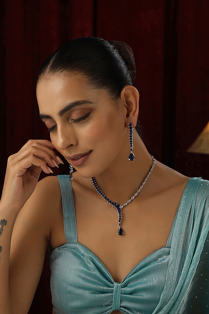 White Finish Blue Zircon Necklace Set by Swabhimann Jewellery at Pernia's Pop Up Shop