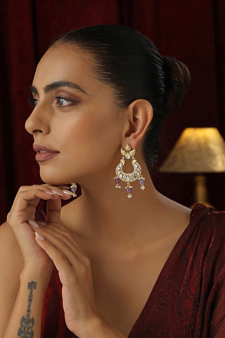 Gold Finish Purple Kundan Polki Chandbali Earrings by Swabhimann Jewellery at Pernia's Pop Up Shop