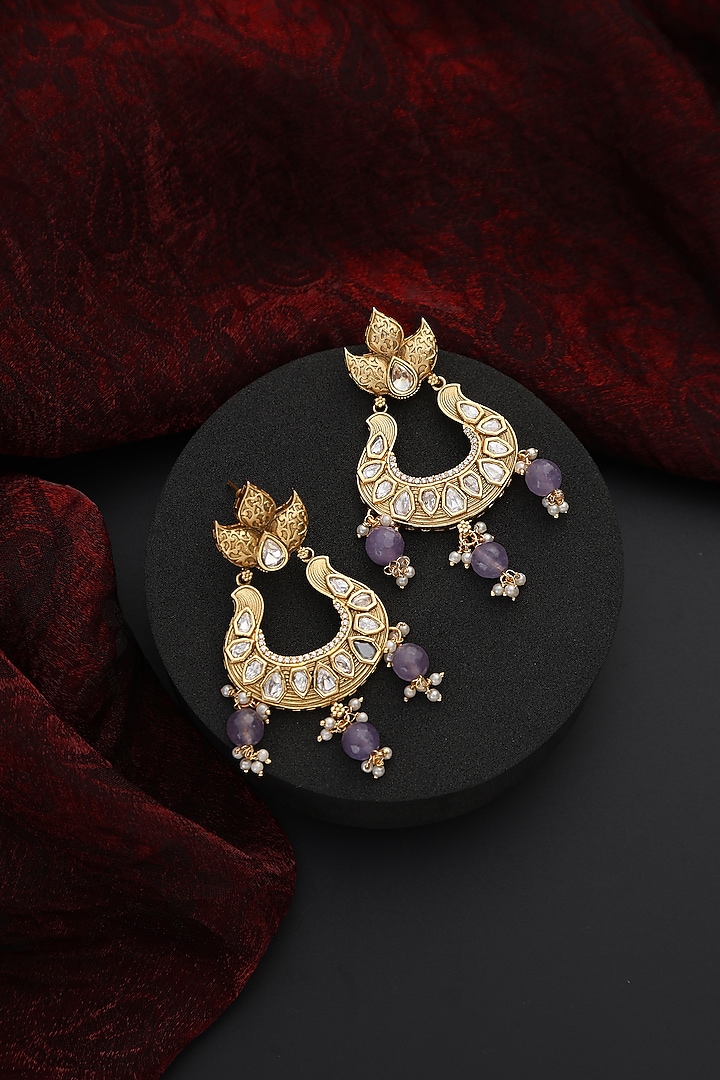Gold Finish Purple Kundan Polki Chandbali Earrings by Swabhimann Jewellery at Pernia's Pop Up Shop