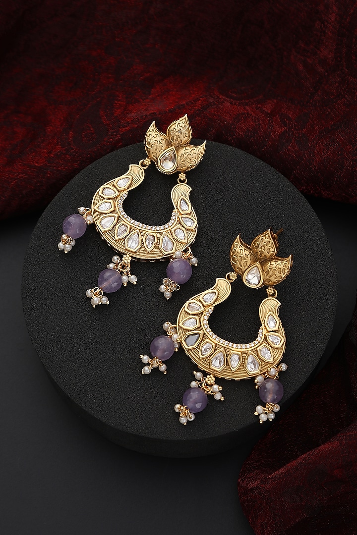 Gold Finish Purple Kundan Polki Chandbali Earrings by Swabhimann Jewellery at Pernia's Pop Up Shop