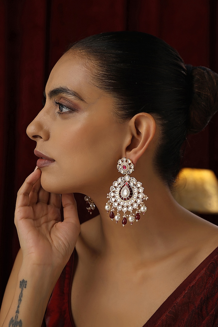 Rose Gold Finish Red Kundan Polki Dangler Earrings by Swabhimann Jewellery at Pernia's Pop Up Shop