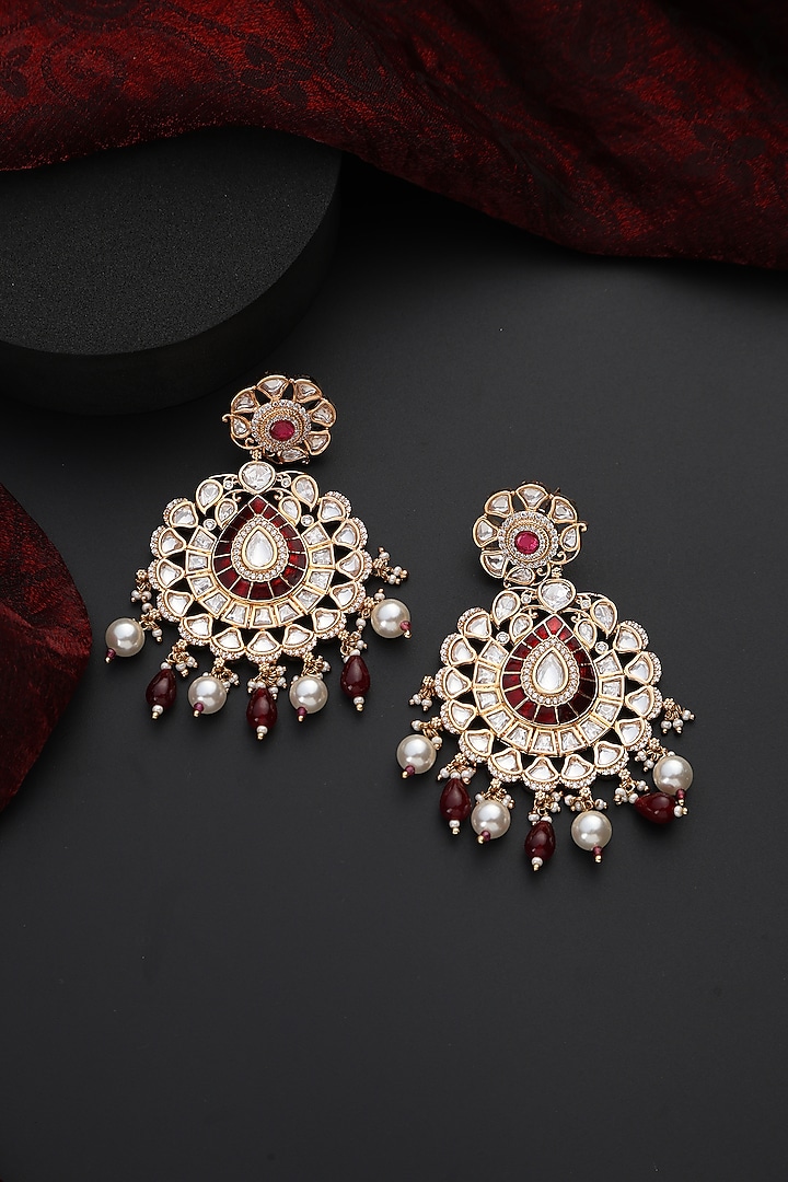 Rose Gold Finish Red Kundan Polki Dangler Earrings by Swabhimann Jewellery at Pernia's Pop Up Shop