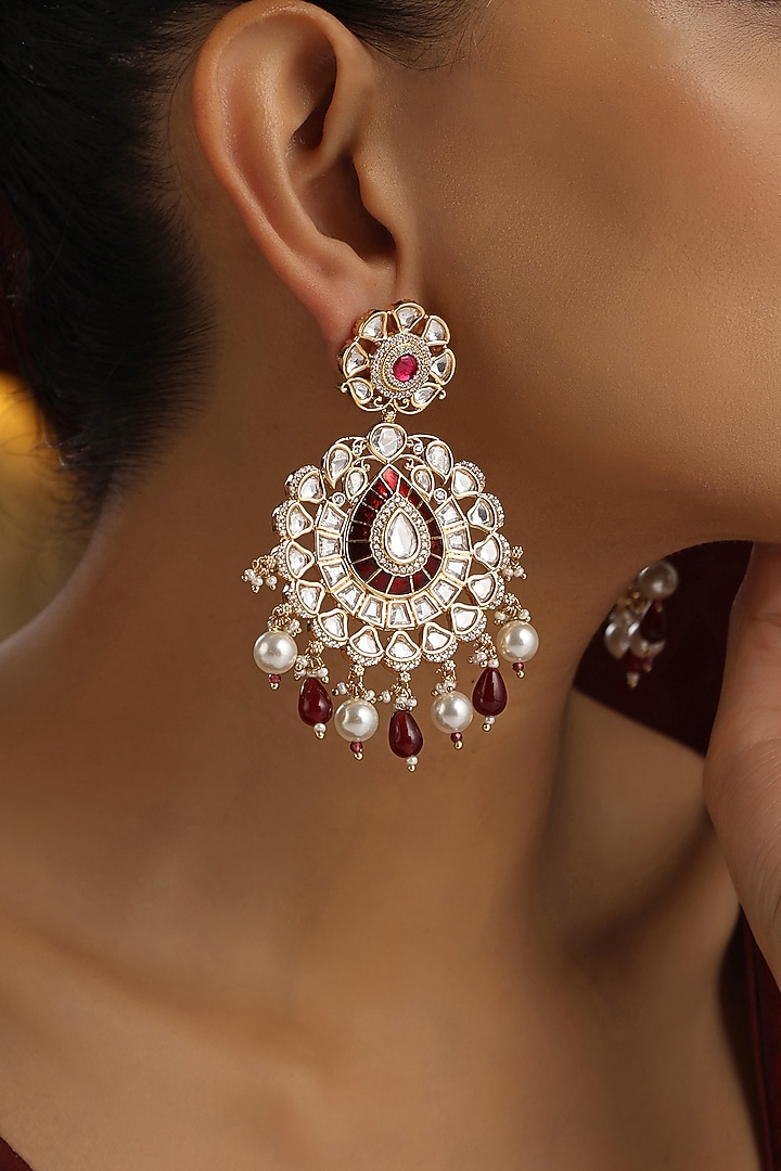 Rose Gold Finish Red Kundan Polki Dangler Earrings by Swabhimann Jewellery at Pernia's Pop Up Shop