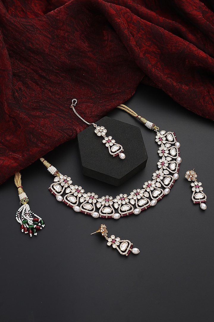 Gold Finish Red Kundan Polki Choker Necklace Set by Swabhimann Jewellery at Pernia's Pop Up Shop