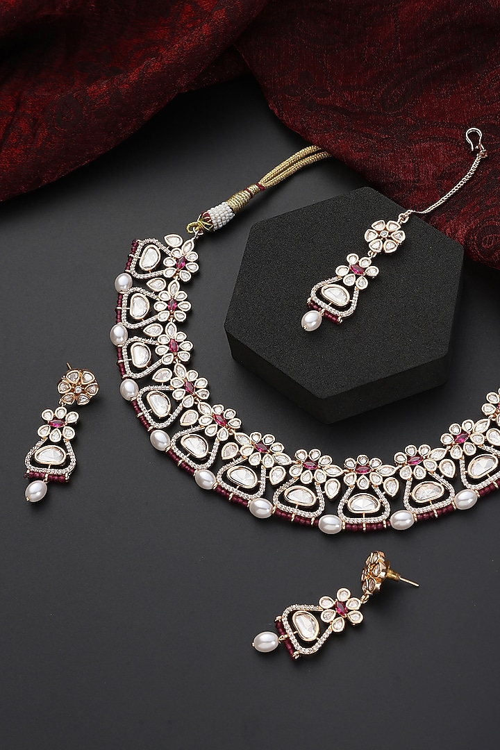 Gold Finish Red Kundan Polki Choker Necklace Set by Swabhimann Jewellery at Pernia's Pop Up Shop